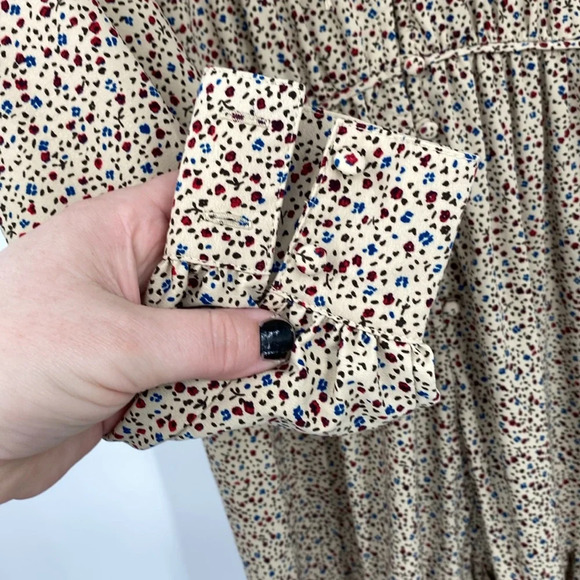 Sweet Baby Jamie Ditsy Shirt Dress Women Size XS Tan Blue Speckled Tiered Ruched - Picture 6 of 13